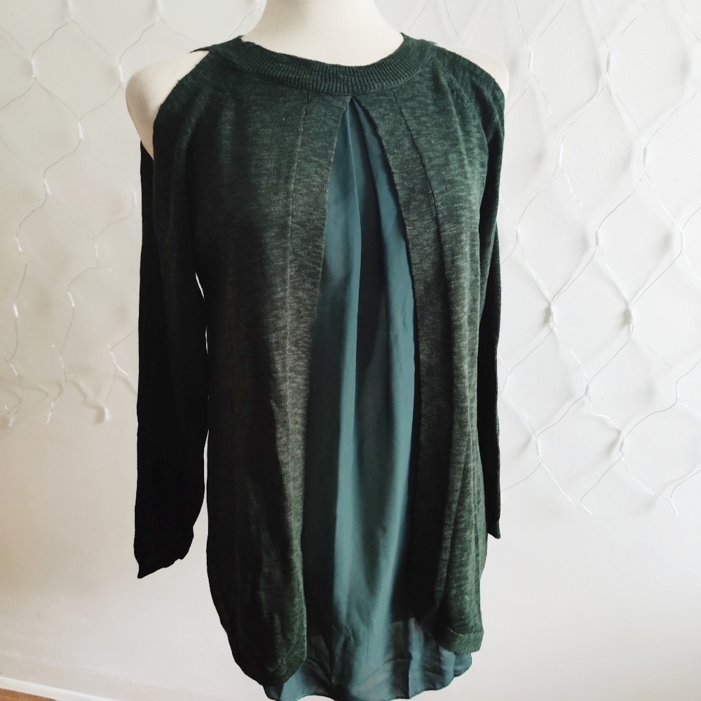 SALE! Cold Shoulder Knit Sweater Top / Forest Green / Fits Med/Large